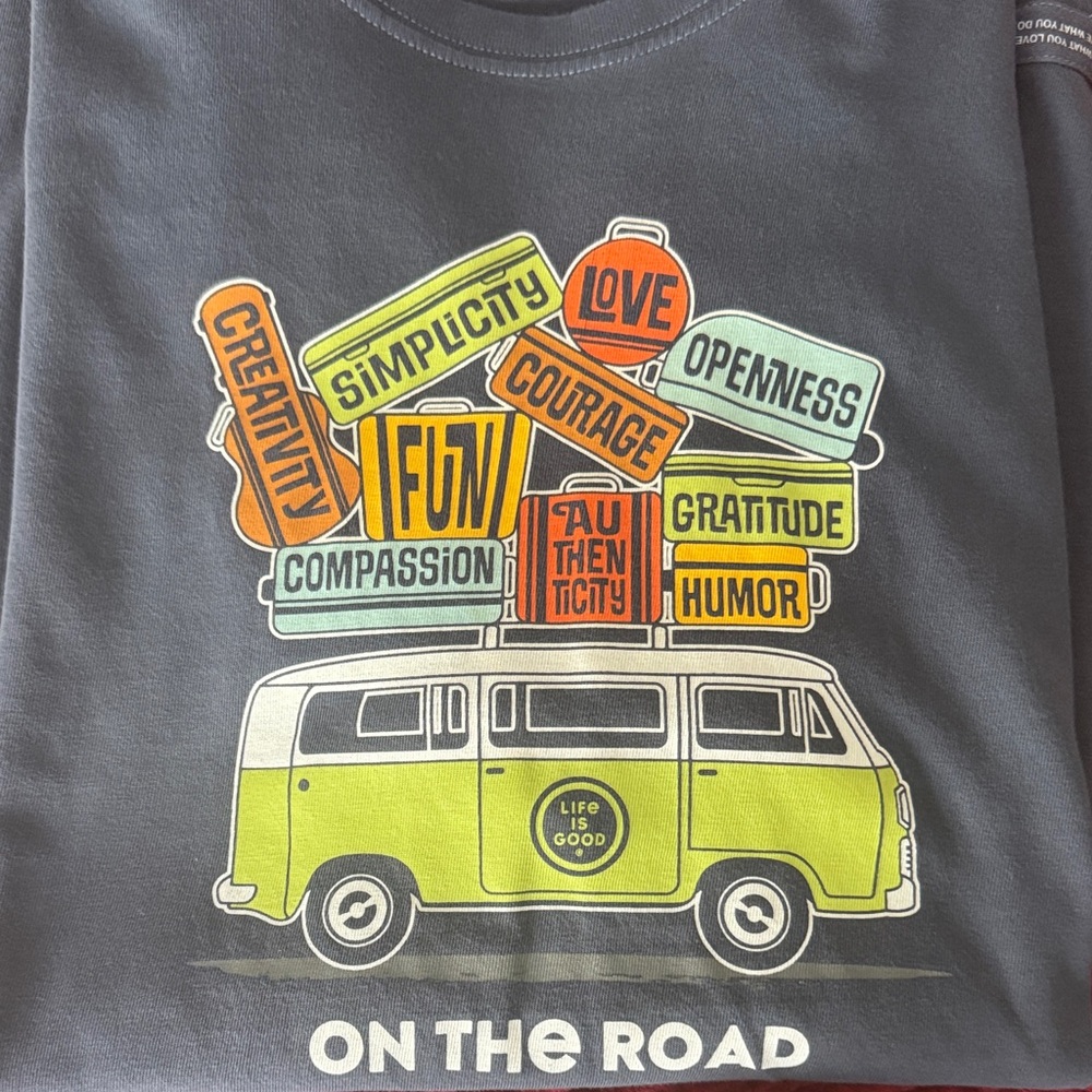 Life Is Good Charcoal Tee with Vibrant Bus and Uplifting Signs